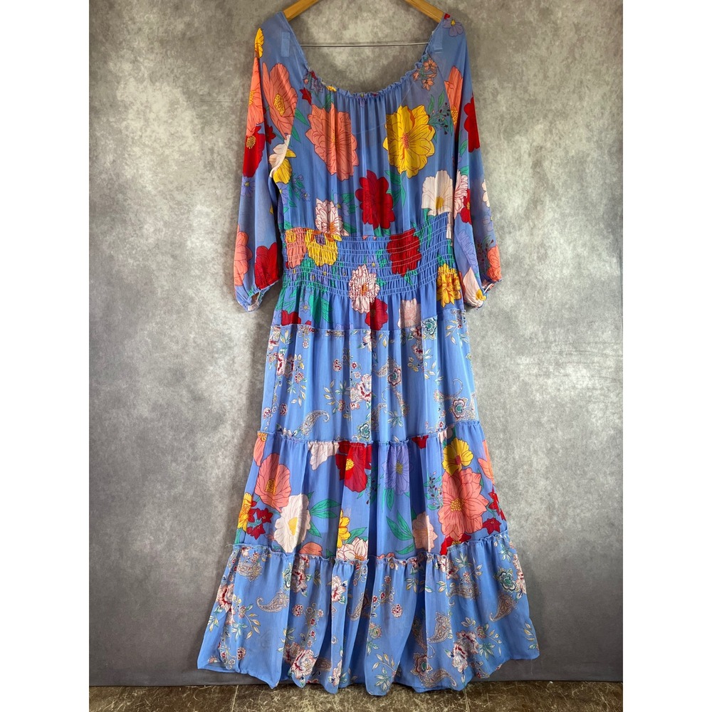 Figueroa & Flower Tiered Maxi Dress Women XL Blue Floral Smocked Boho F800153C10 - Picture 3 of 9